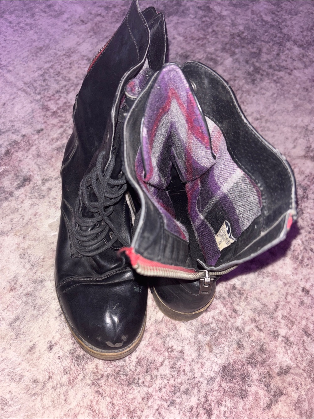 11 Madden Girl Black Lace-Up Zip Ankle Boots with Purple Plaid Lining